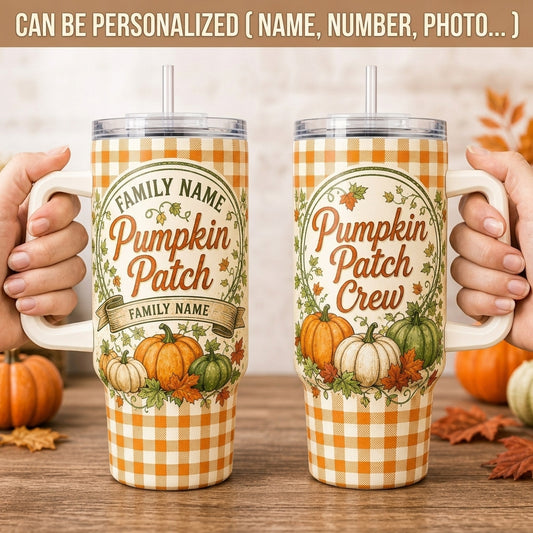 Personalized Pumpkin Patch Crew 40oz Tumbler with Handle - Custom Family Name Autumn Gingham Travel Mug